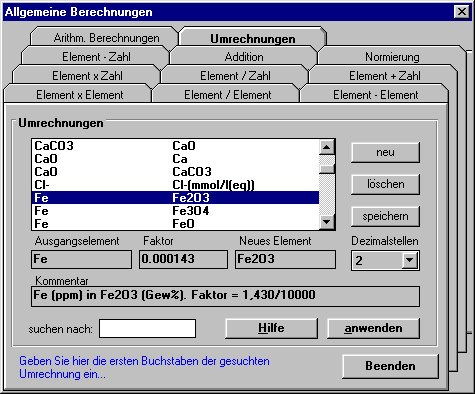 Umrechnungen von Elementen und Oxiden